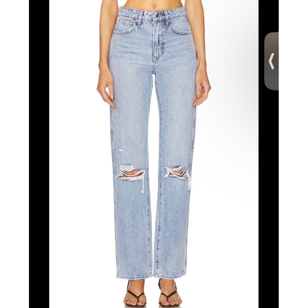 GRLFRND The Sara Super High Rise Slim Straight Jeans Light Wash Distressed Sz 32